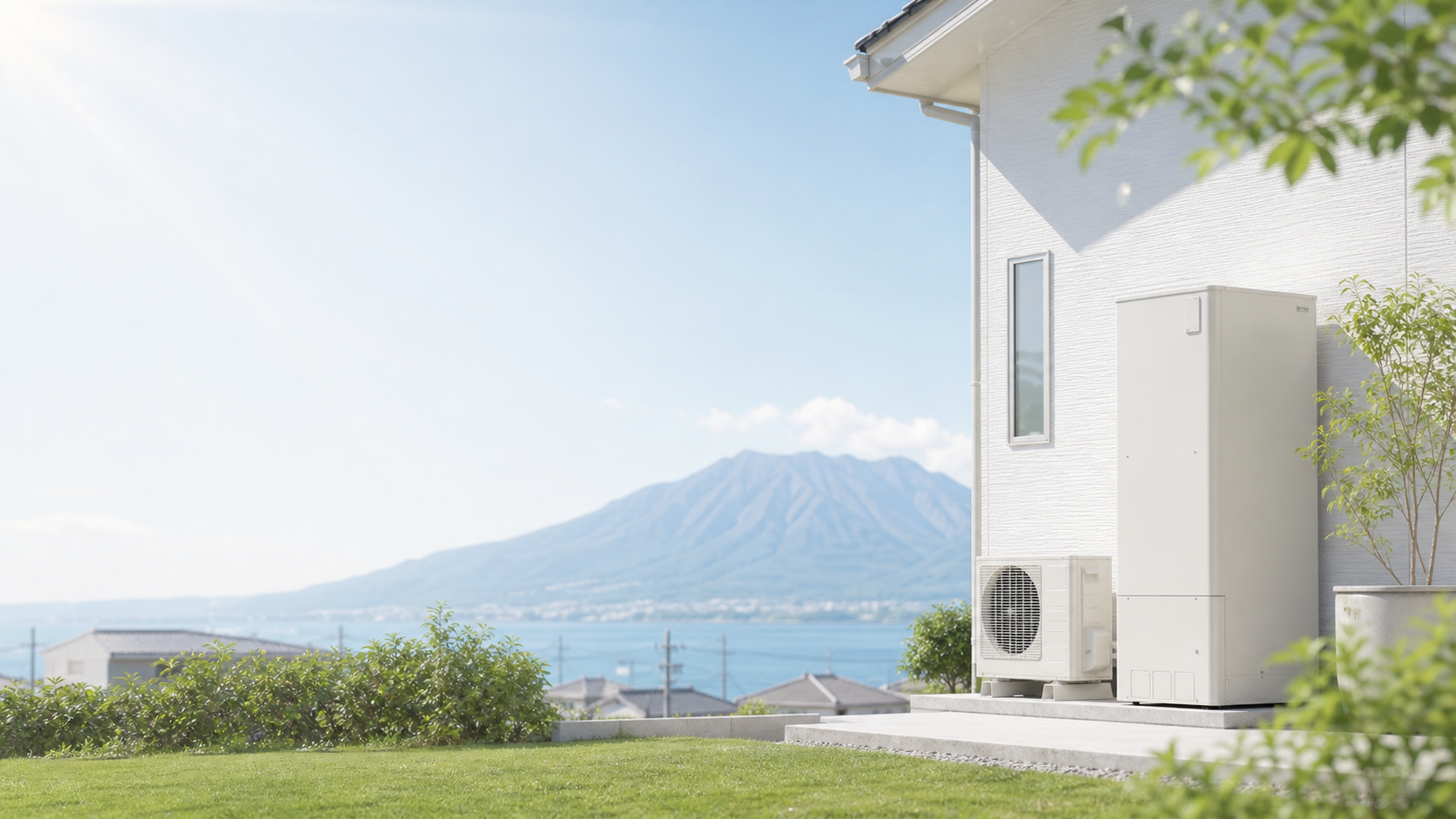 桜島を望む鹿児島の住宅に設置されたエコキュート